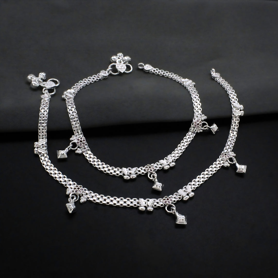 Indian Real Sterling Silver Pink CZ Dangle Anklet