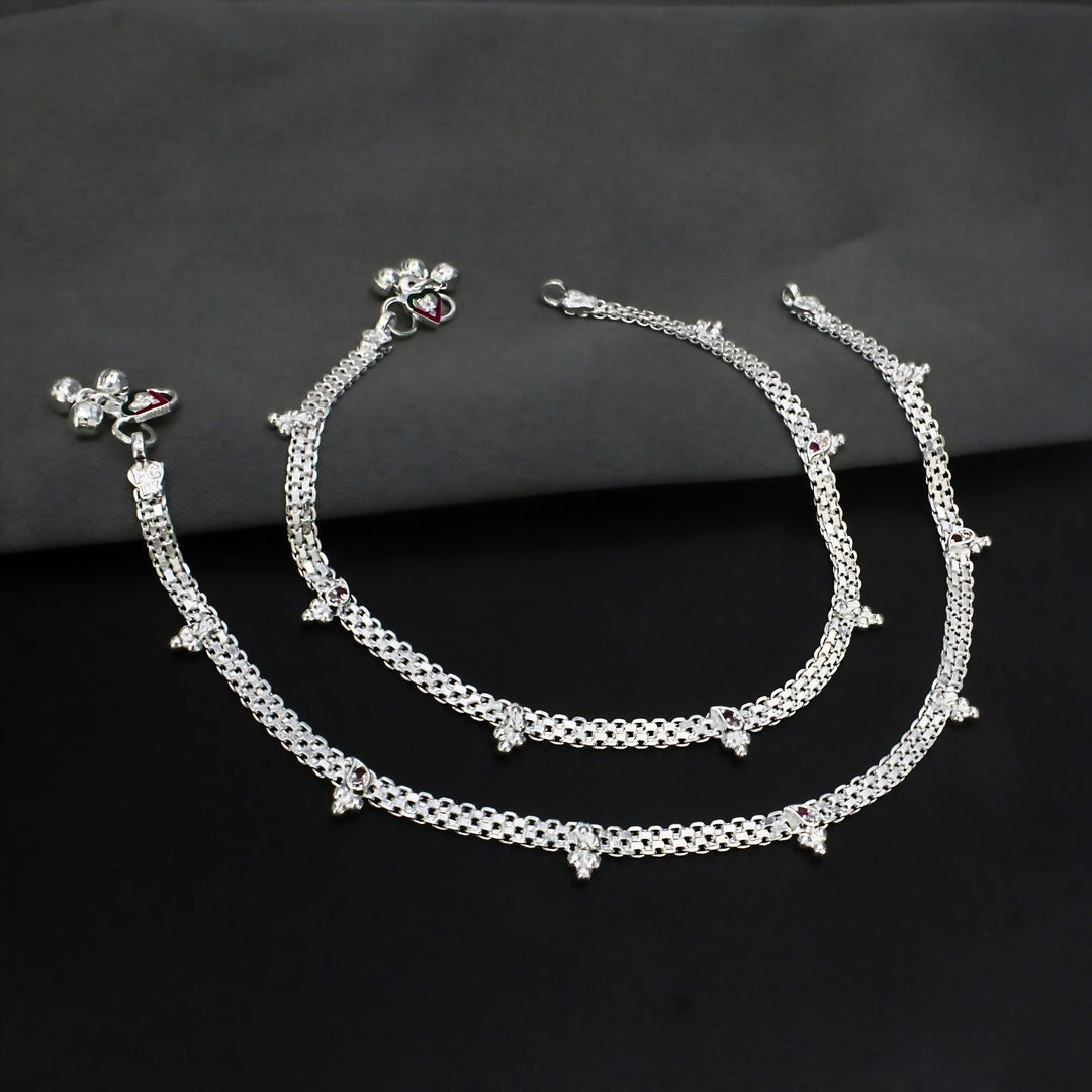 Real Sterling Silver Pink CZ Layered Charm Anklet 10.3 in