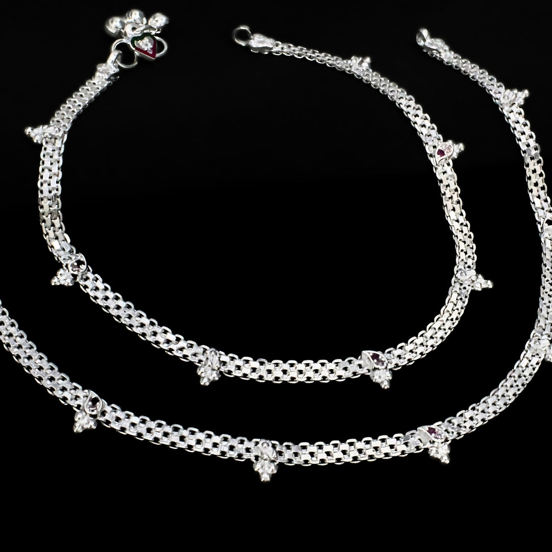 Real Sterling Silver Pink CZ Layered Charm Anklet 10.3 in