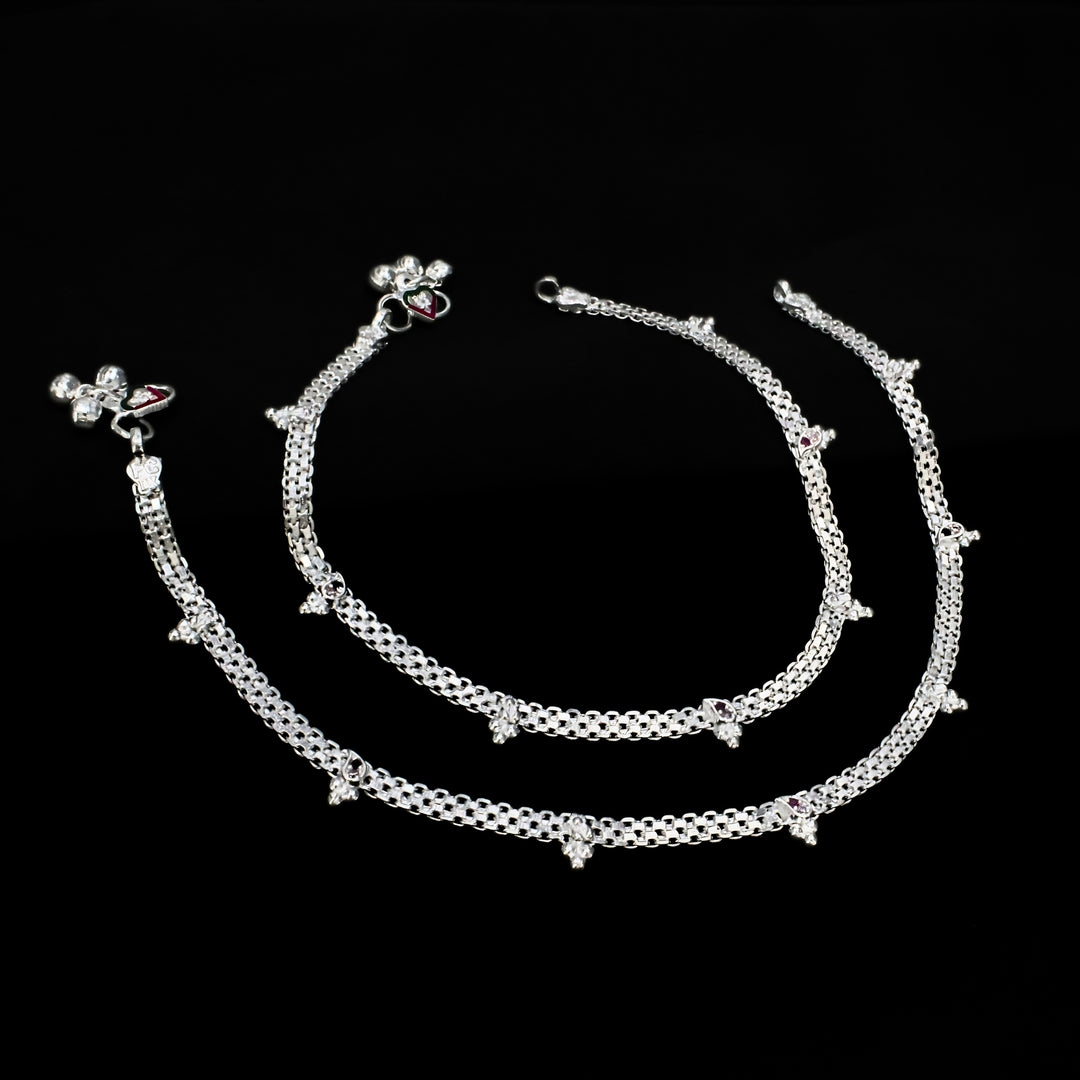 Real Sterling Silver Pink CZ Layered Charm Anklet 10.3 in