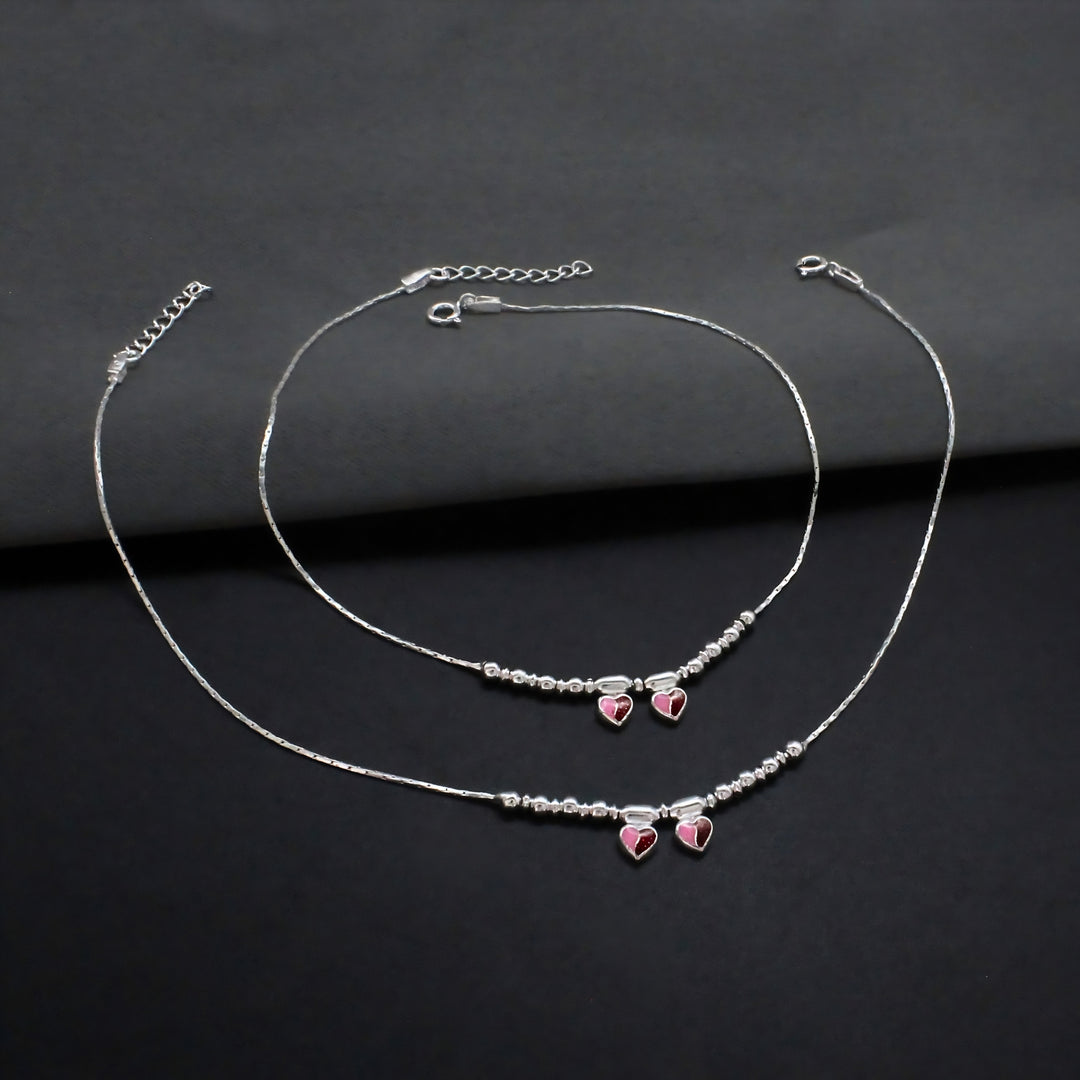 Boho Look Real Sterling Silver Heart Charm Anklet 10.3 in
