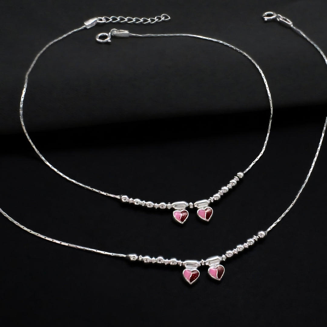 Boho Look Real Sterling Silver Heart Charm Anklet 10.3 in