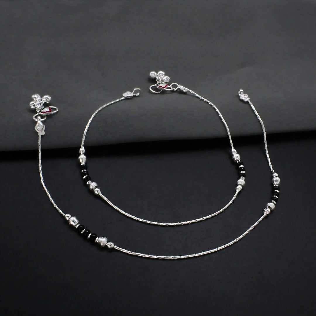 Real Sterling Silver Black Bead Anklet 10 in