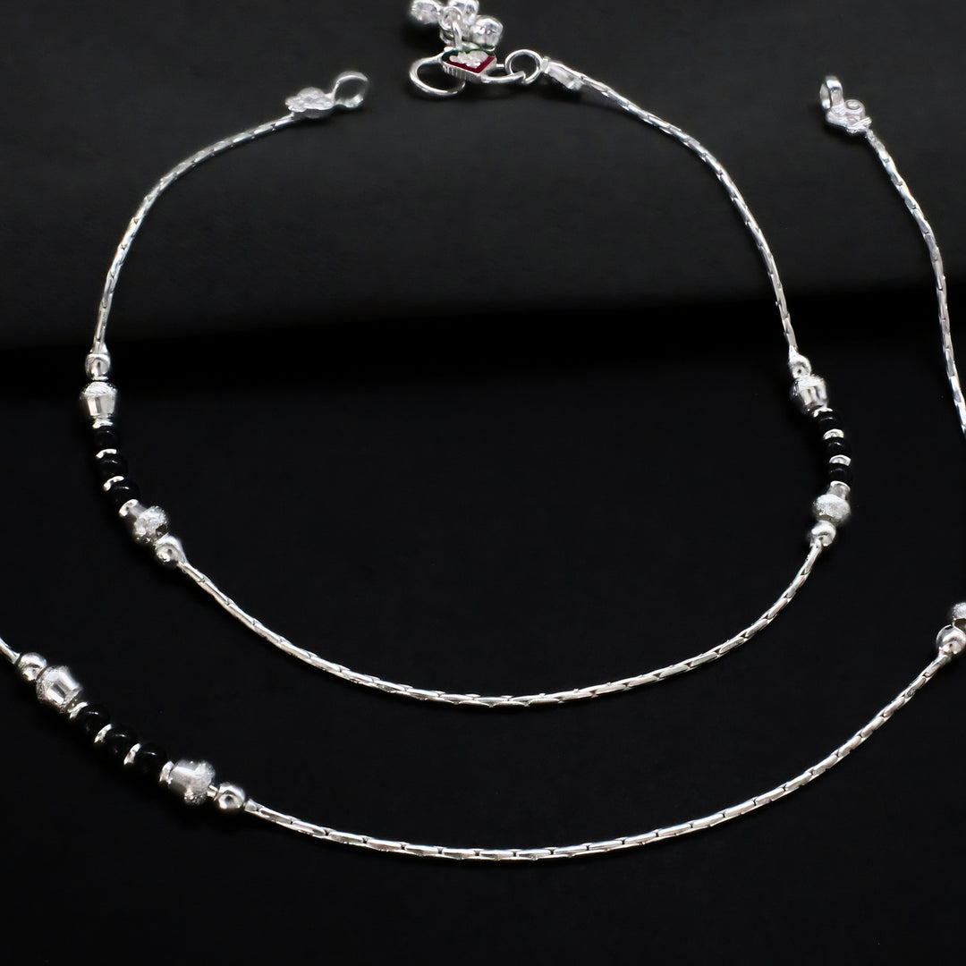 Real Sterling Silver Black Bead Anklet 10 in