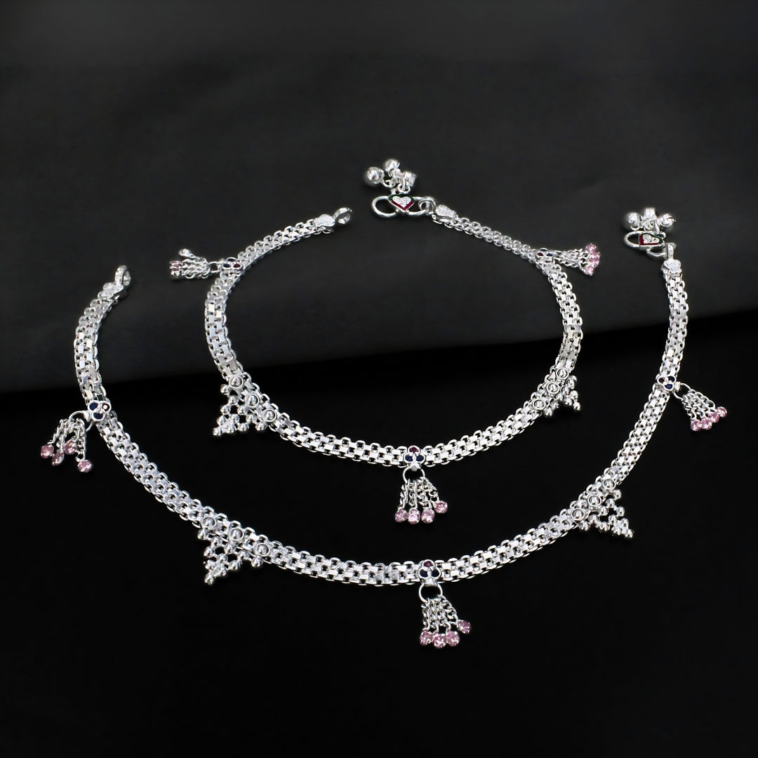 Real Sterling Silver Multi CZ Dangle Bridal Design Anklet 10.3 in