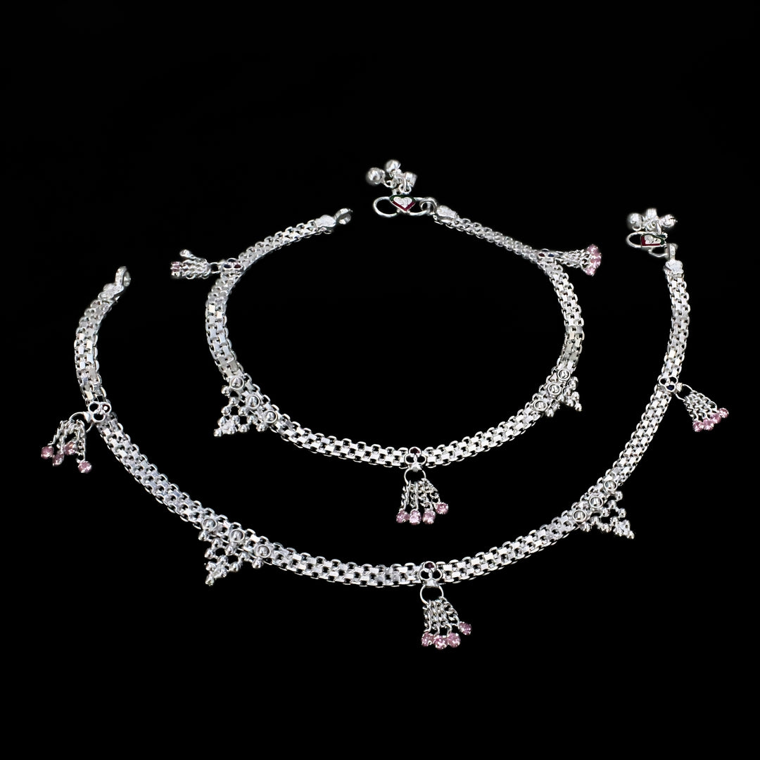 Real Sterling Silver Multi CZ Dangle Bridal Design Anklet 10.3 in