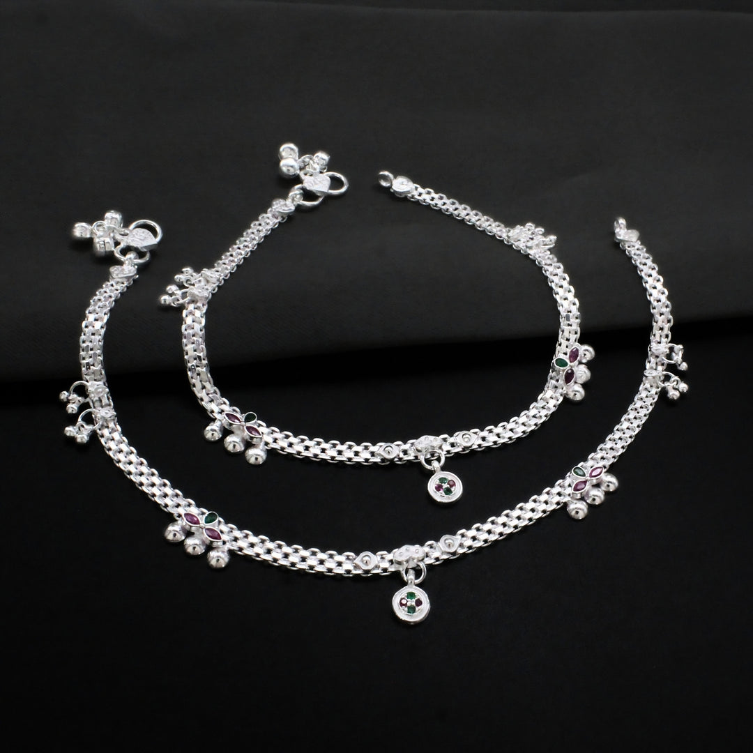 Real Sterling Silver Green Pink CZ Wedding Wear Anklet 10.3 in
