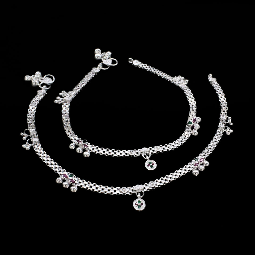 Real Sterling Silver Green Pink CZ Wedding Wear Anklet 10.3 in