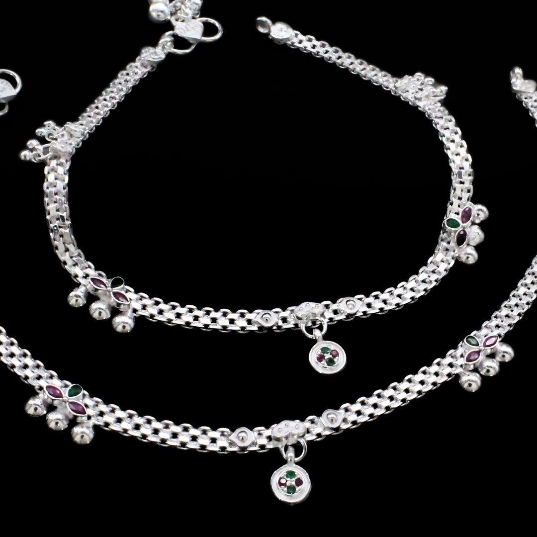 Real Sterling Silver Green Pink CZ Wedding Wear Anklet 10.3 in