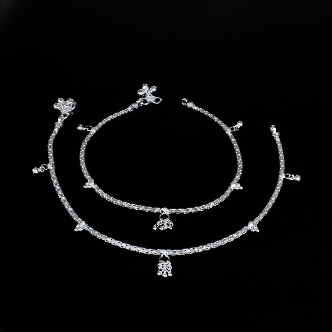 Real Silver Beautiful floral charm detailing Women Anklet Pair 10.3"