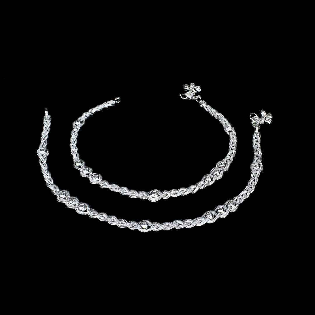 Twisted Rope Real Silver Women Anklet Pair 10.3"