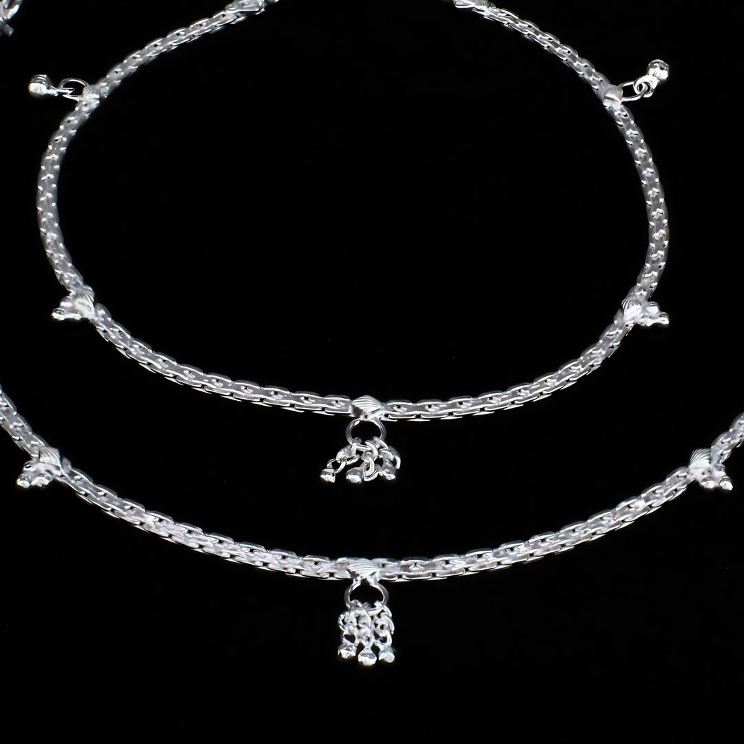 Real Silver Beautiful floral charm detailing Women Anklet Pair 10.3"
