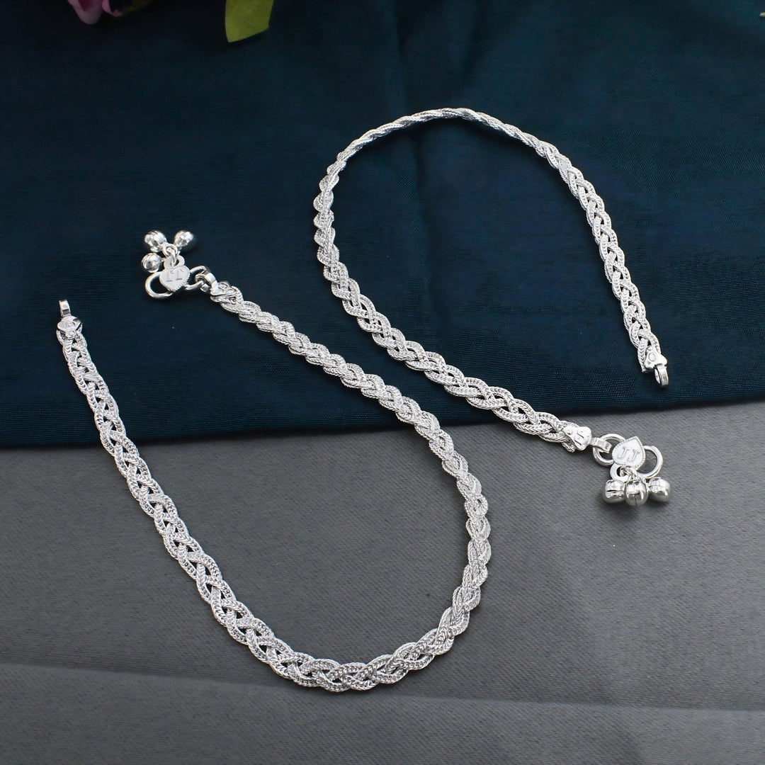 Real Silver Braided Knot Women Anklet Pair 10.3"