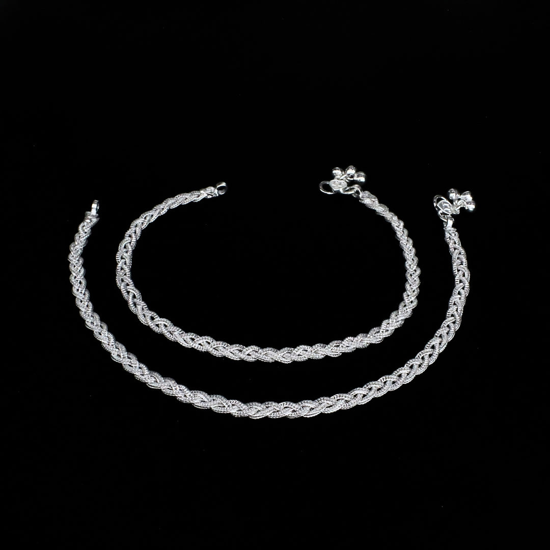 Real Silver Braided Knot Women Anklet Pair 10.3"