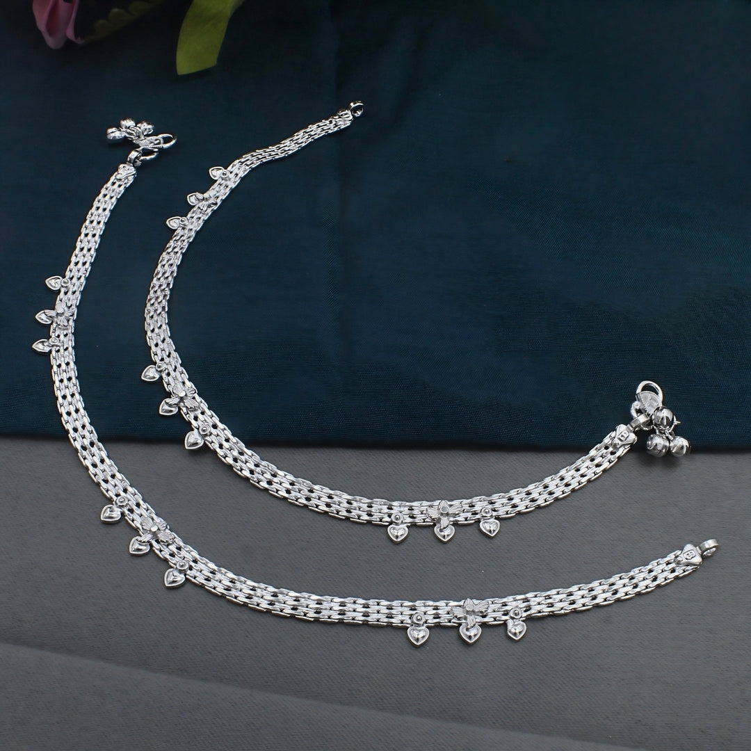 New Real Silver Heart-Shaped Drops Women Anklet Pair 10.3"