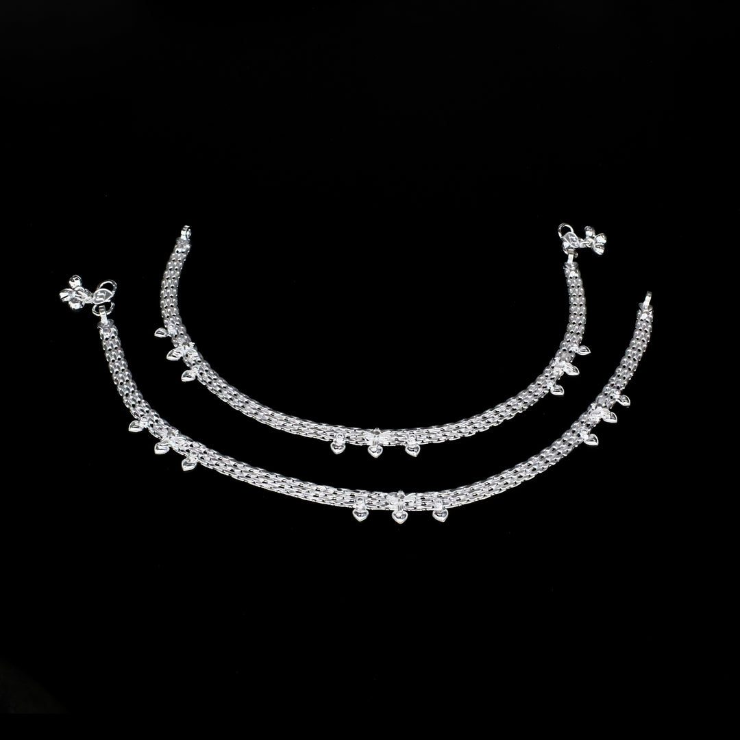New Real Silver Heart-Shaped Drops Women Anklet Pair 10.3"