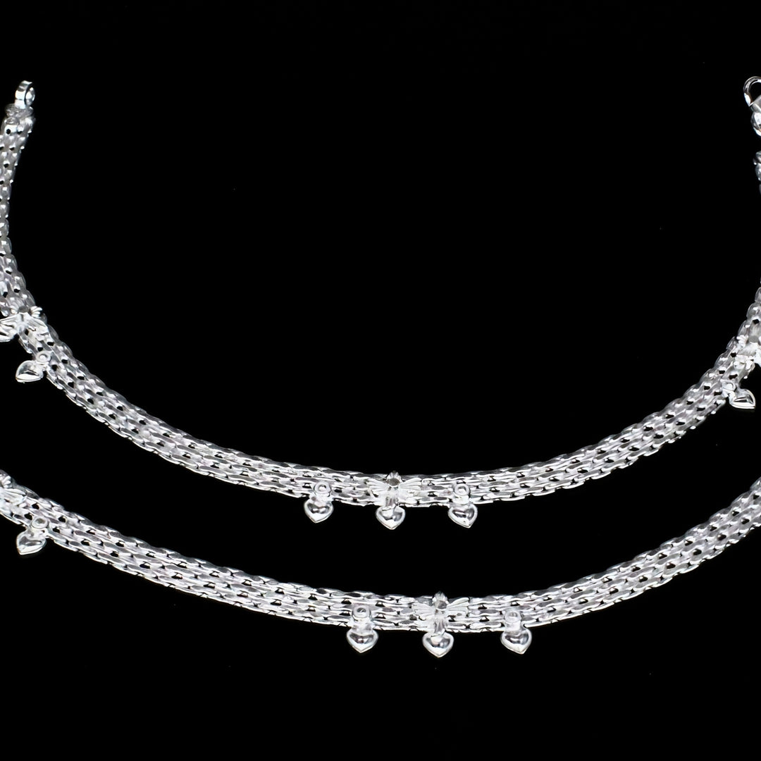New Real Silver Heart-Shaped Drops Women Anklet Pair 10.3"