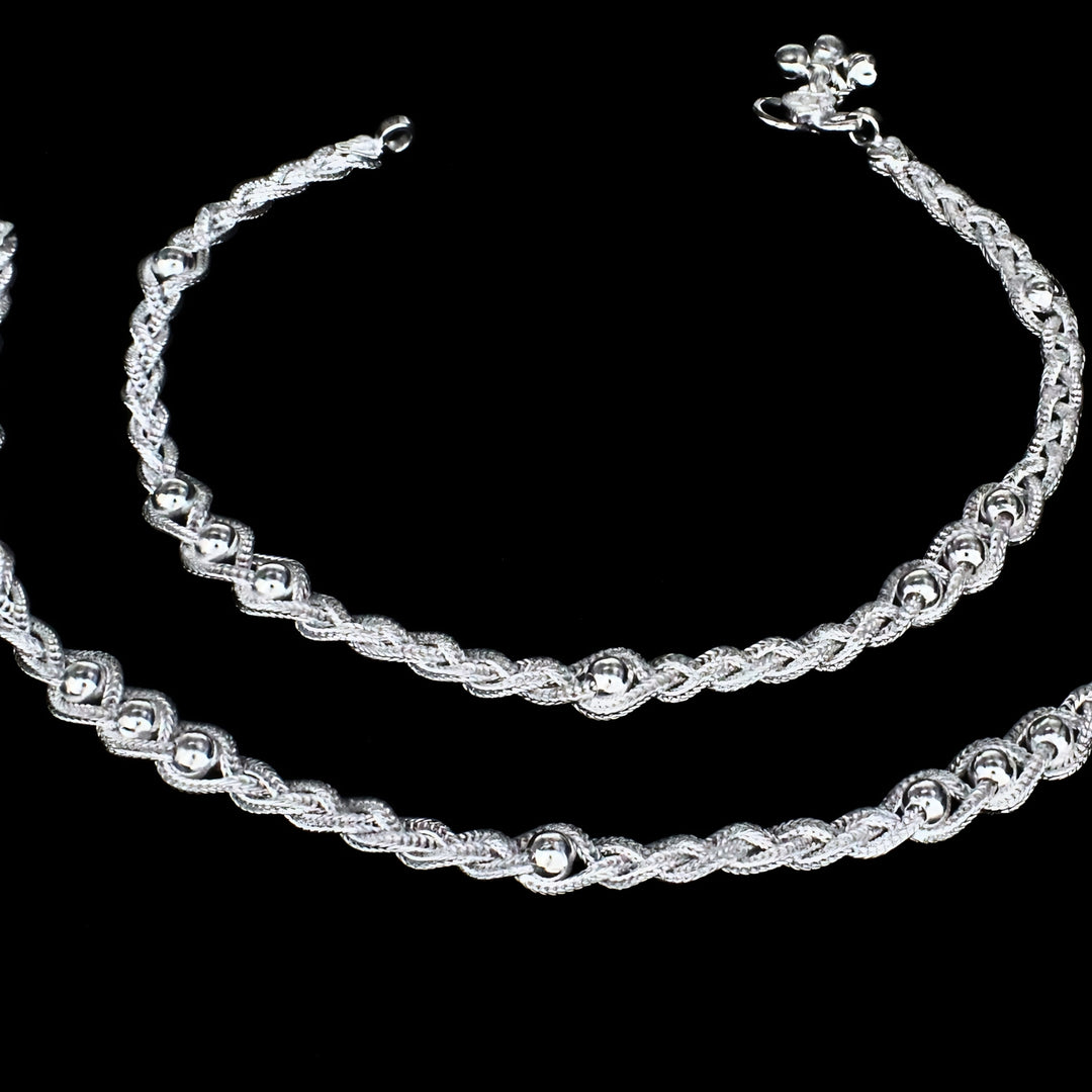 Twisted Rope Real Silver Women Anklet Pair 10.3"