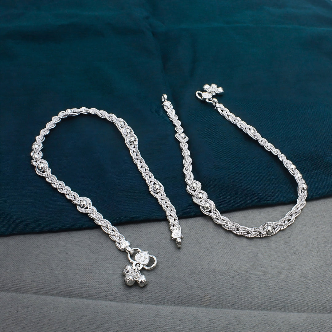 Twisted Rope Real Silver Women Anklet Pair 10.3"