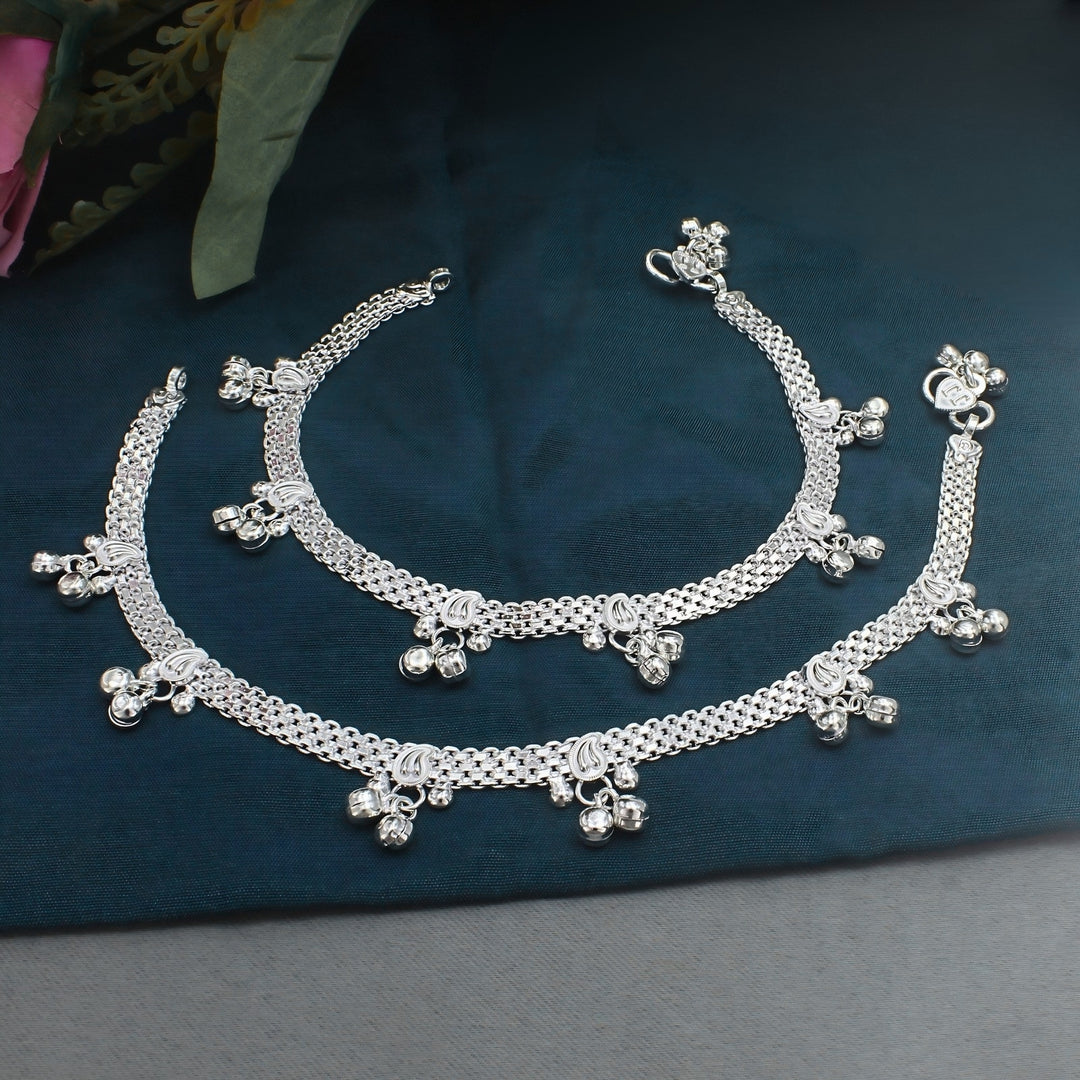 Real Silver Multi-Layer Dangling Bells Anklet for Women - Pair 10.3"