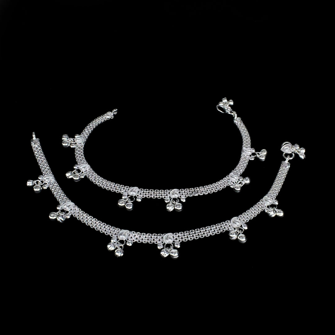 Real Silver Multi-Layer Dangling Bells Anklet for Women - Pair 10.3"