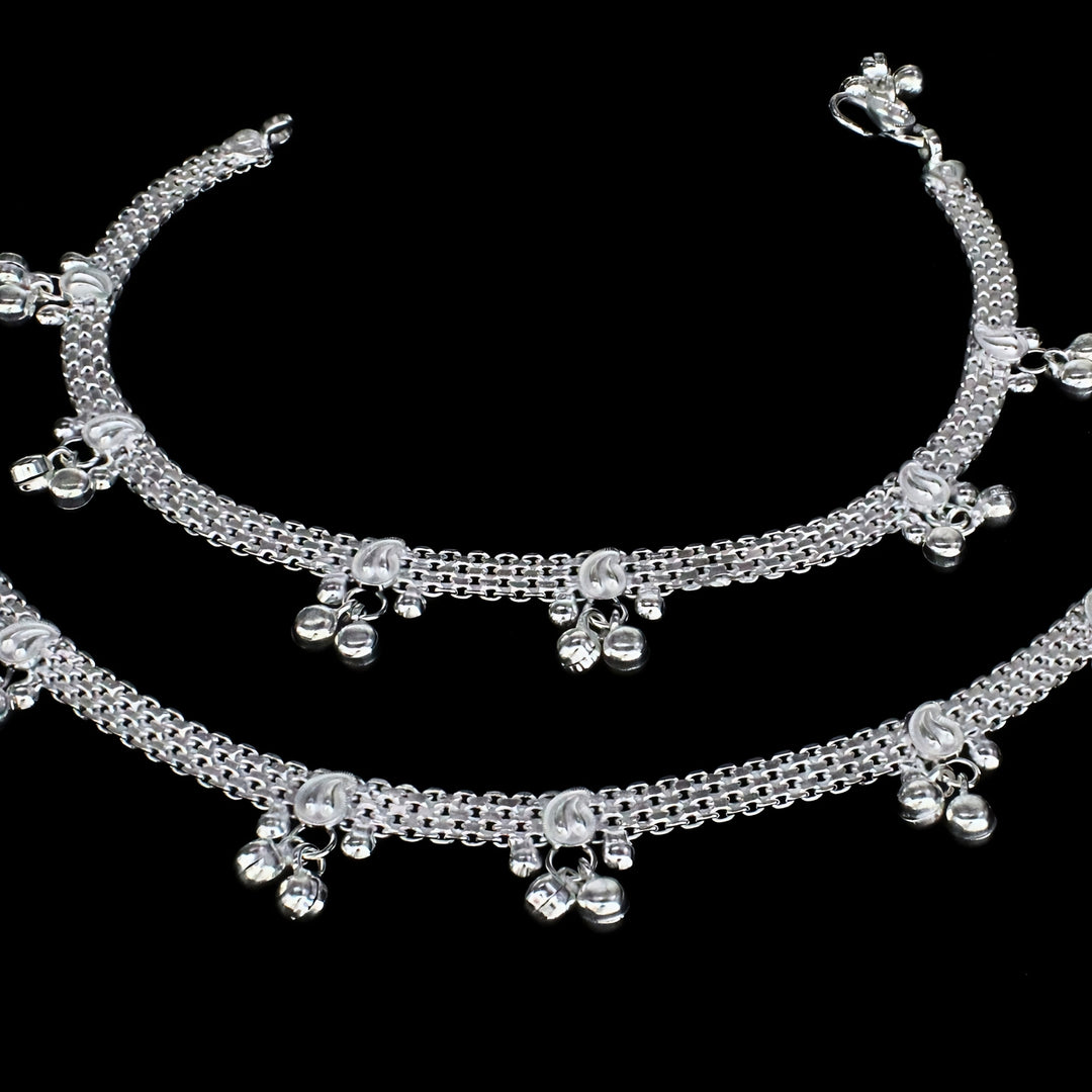 Real Silver Multi-Layer Dangling Bells Anklet for Women - Pair 10.3"