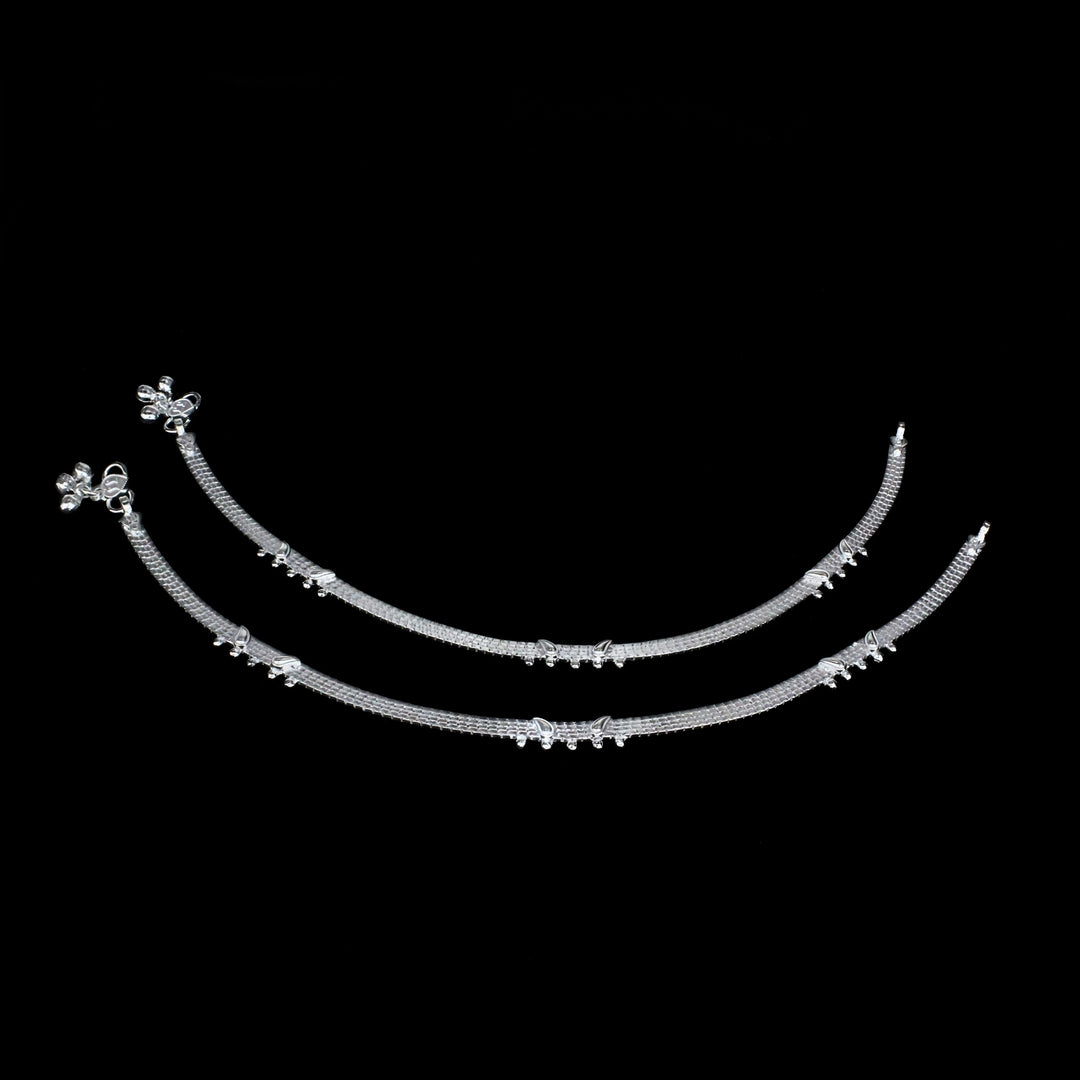 Real Silver Belt Pattern Women Anklet Pair 10.3"
