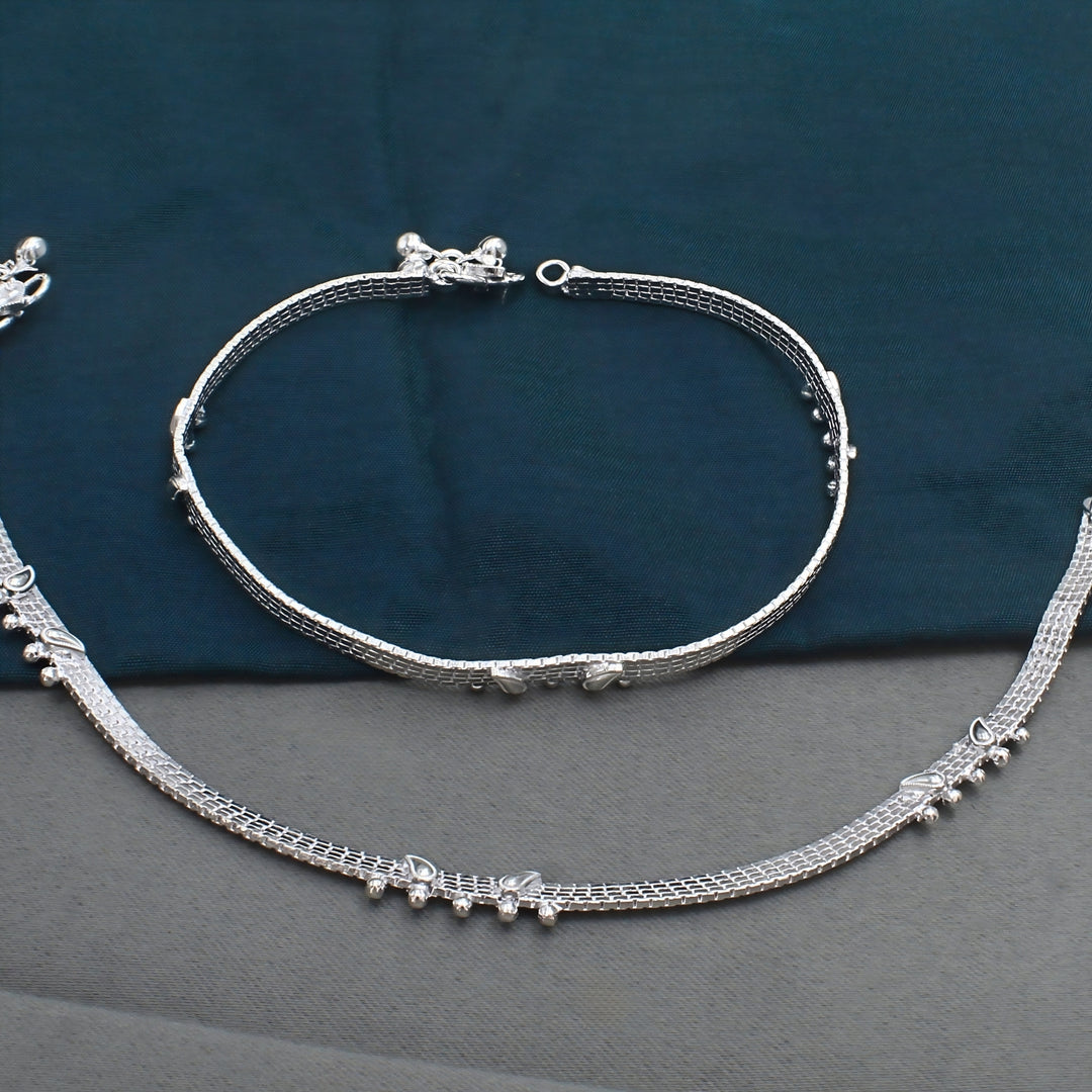 Real Silver Belt Pattern Women Anklet Pair 10.3"
