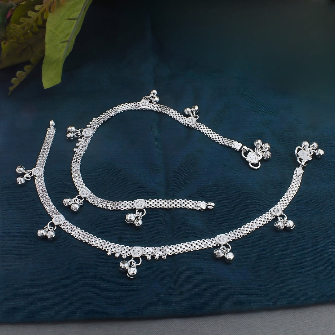 Real Silver Floral Bell Charms Anklet for Women - Pair 10.3"
