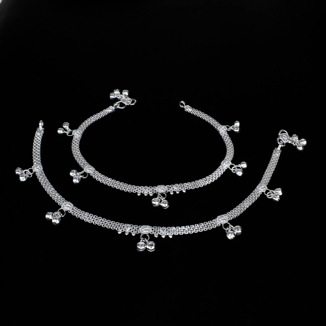 Real Silver Floral Bell Charms Anklet for Women - Pair 10.3"