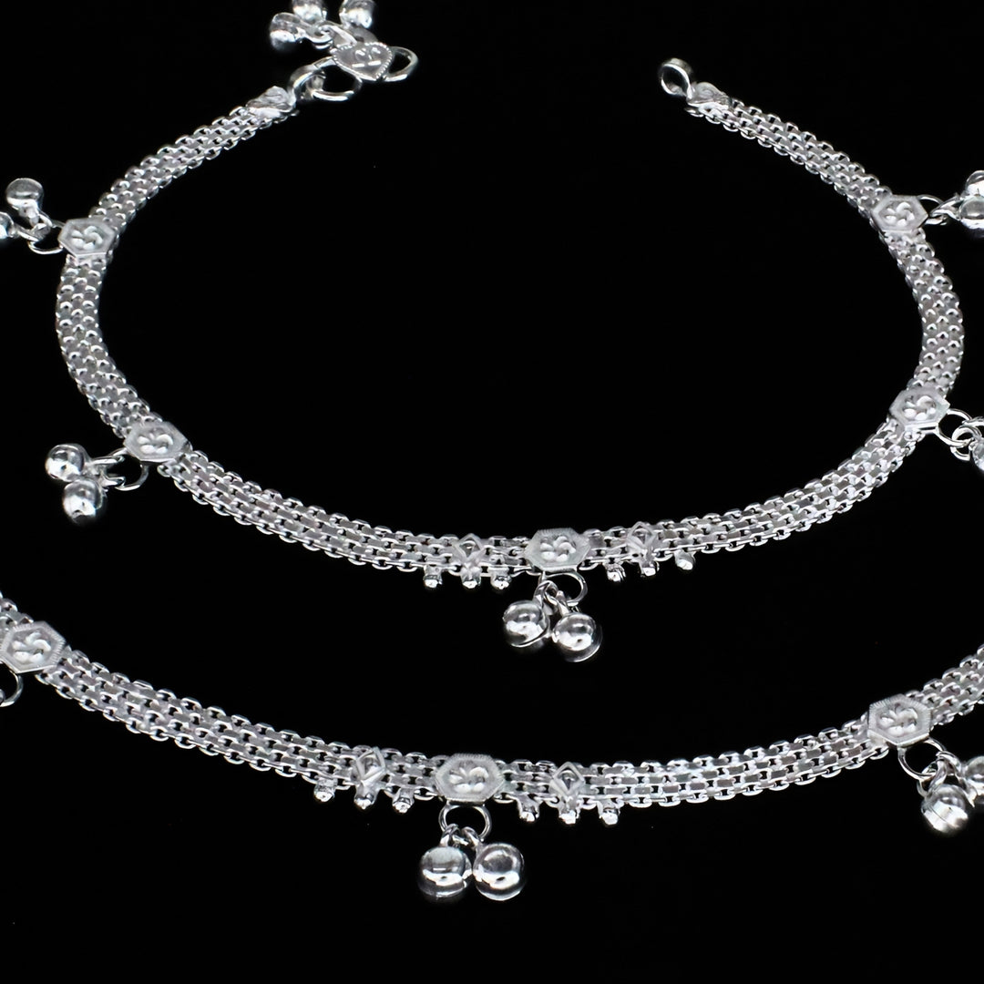 Real Silver Floral Bell Charms Anklet for Women - Pair 10.3"