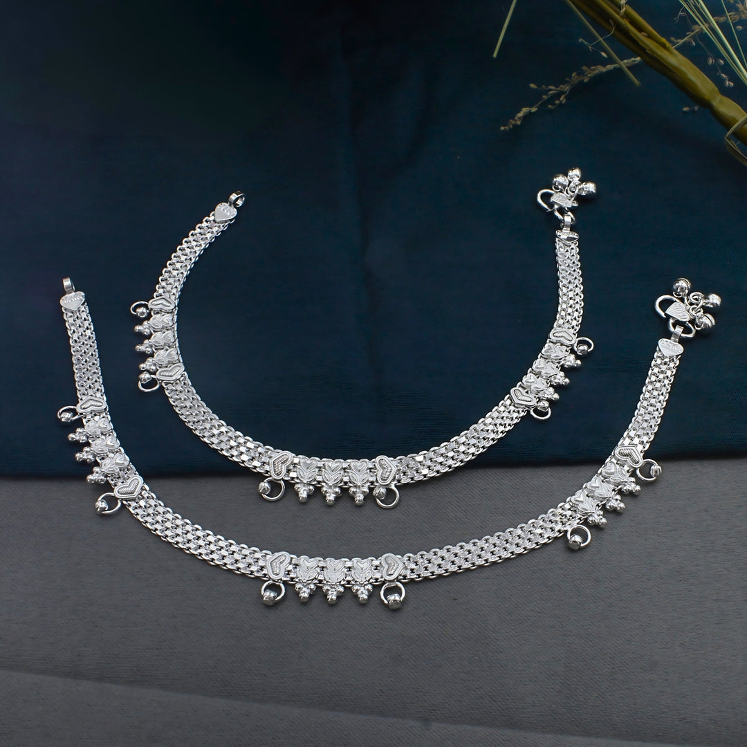 Luxury Indian Heart Motif Real Silver Women Anklet  Pair 10.3"