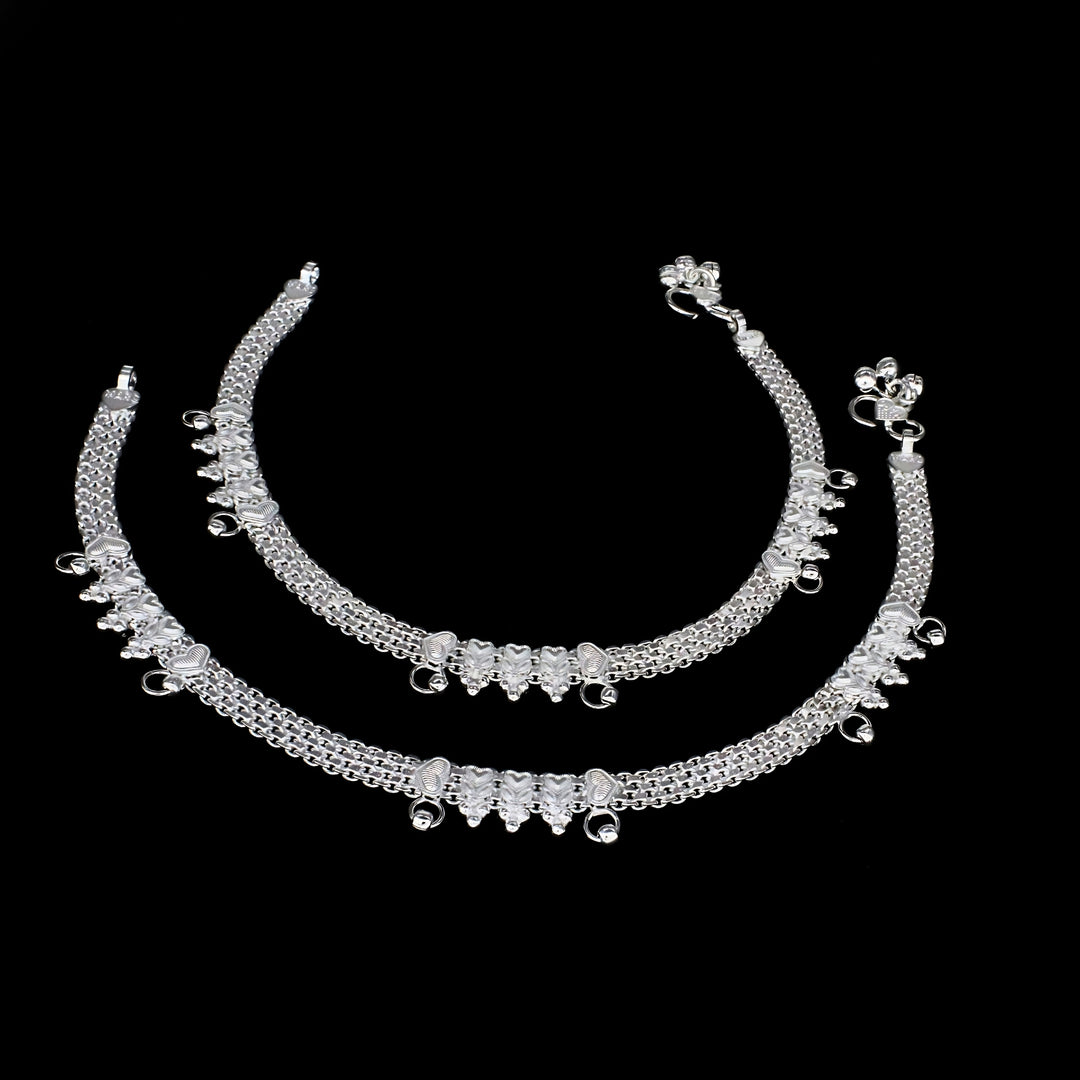 Luxury Indian Heart Motif Real Silver Women Anklet  Pair 10.3"
