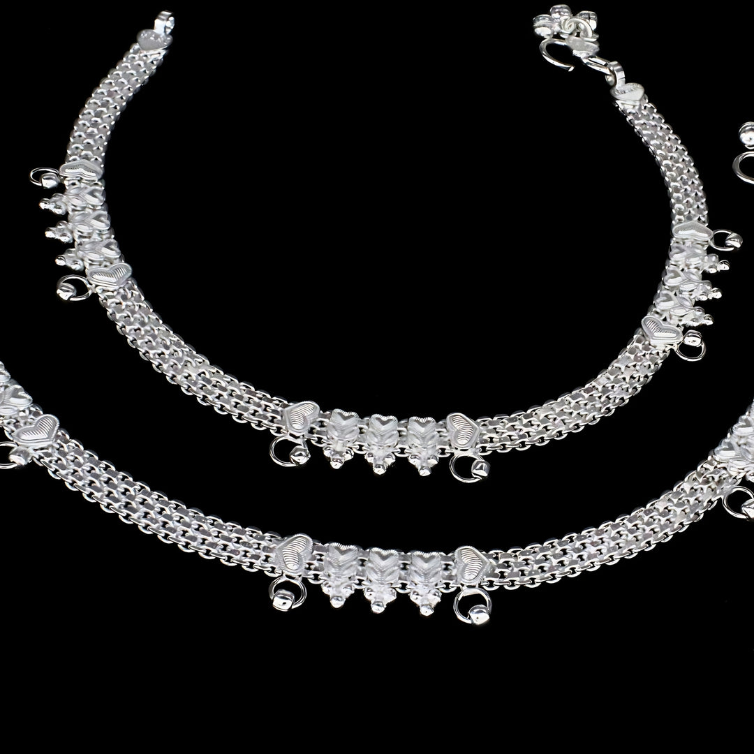 Luxury Indian Heart Motif Real Silver Women Anklet  Pair 10.3"
