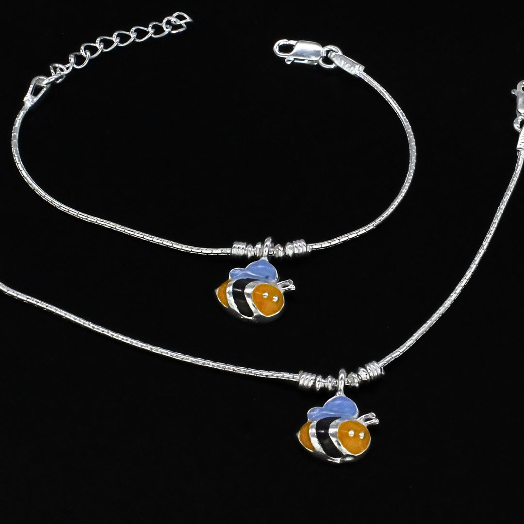 Real Silver Bumblebee Enamel Chain Kids Anklet