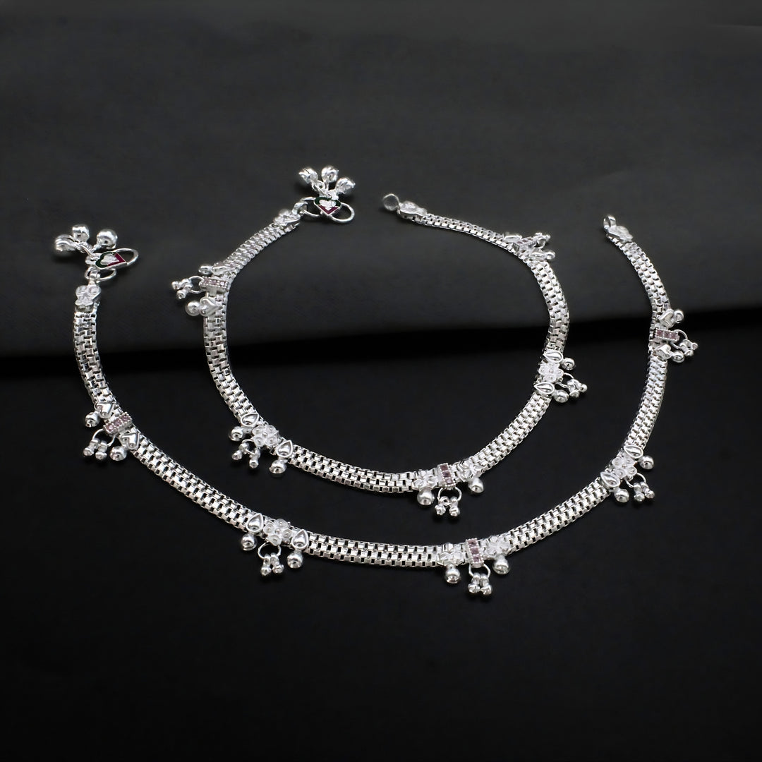 Real Sterling Silver Pink CZ Dangle Cultural Design Anklet 10.3 in