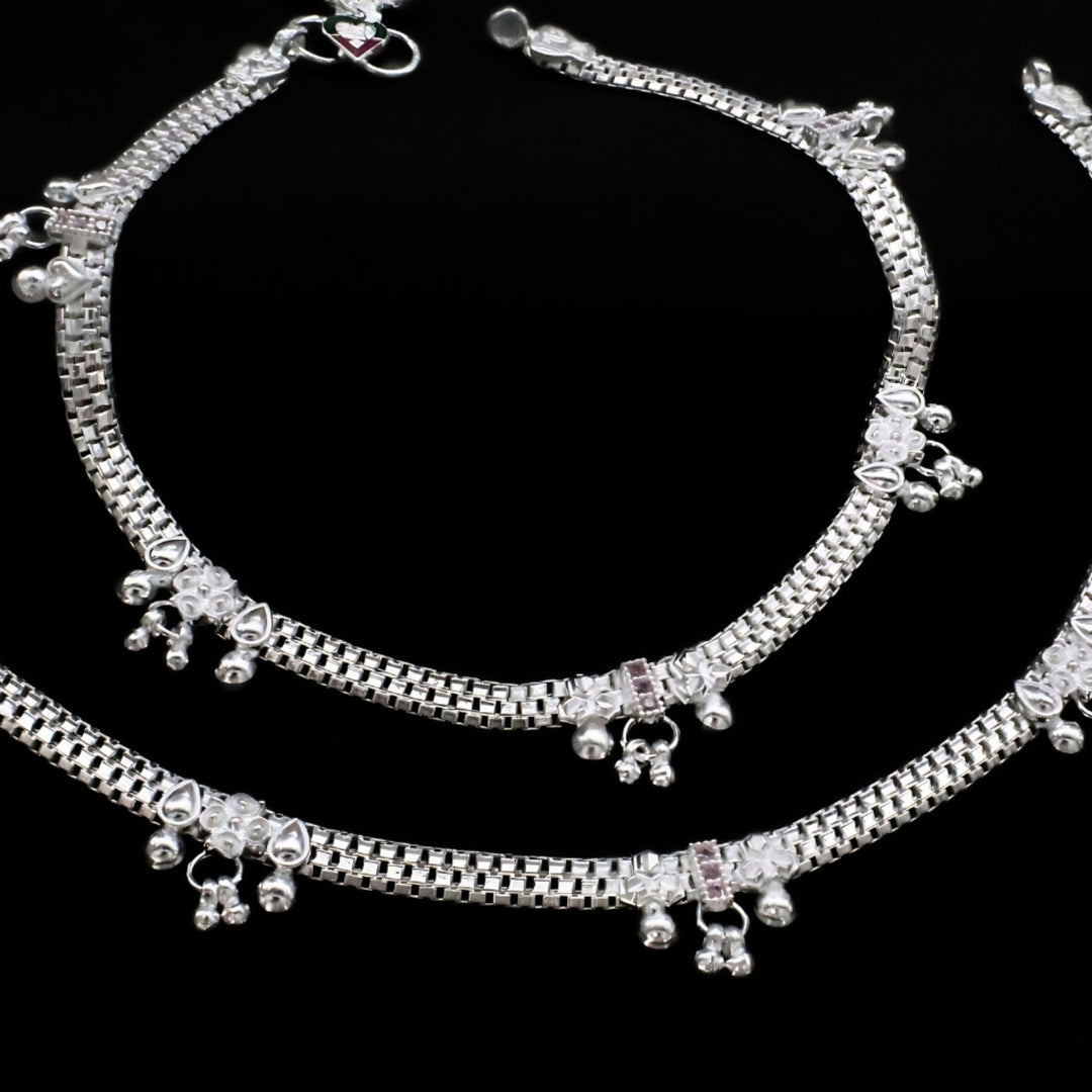 Real Sterling Silver Pink CZ Dangle Cultural Design Anklet 10.3 in