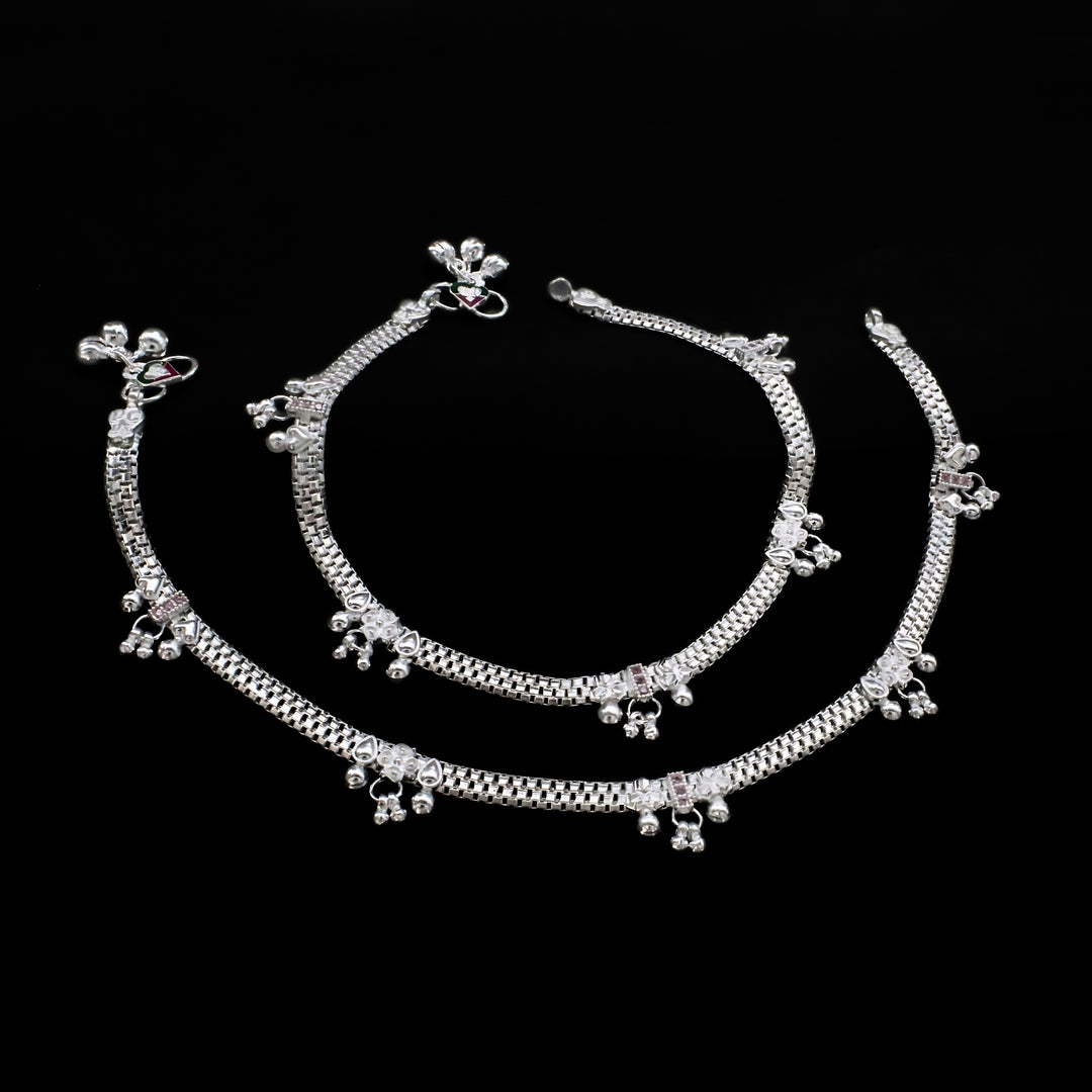 Real Sterling Silver Pink CZ Dangle Cultural Design Anklet 10.3 in