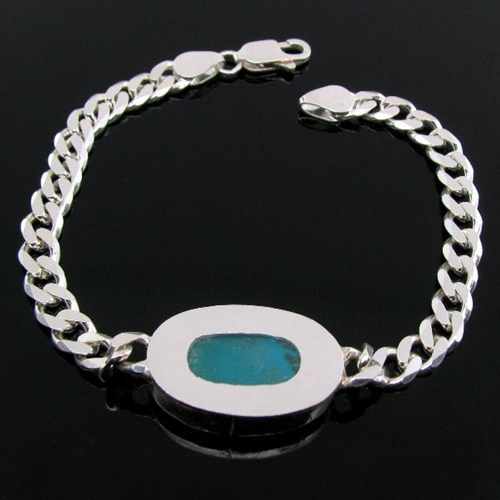 Solid Genuine .925 Sterling Silver Curb Link Chain Men's (LIGHT) Bracelet Turquoise