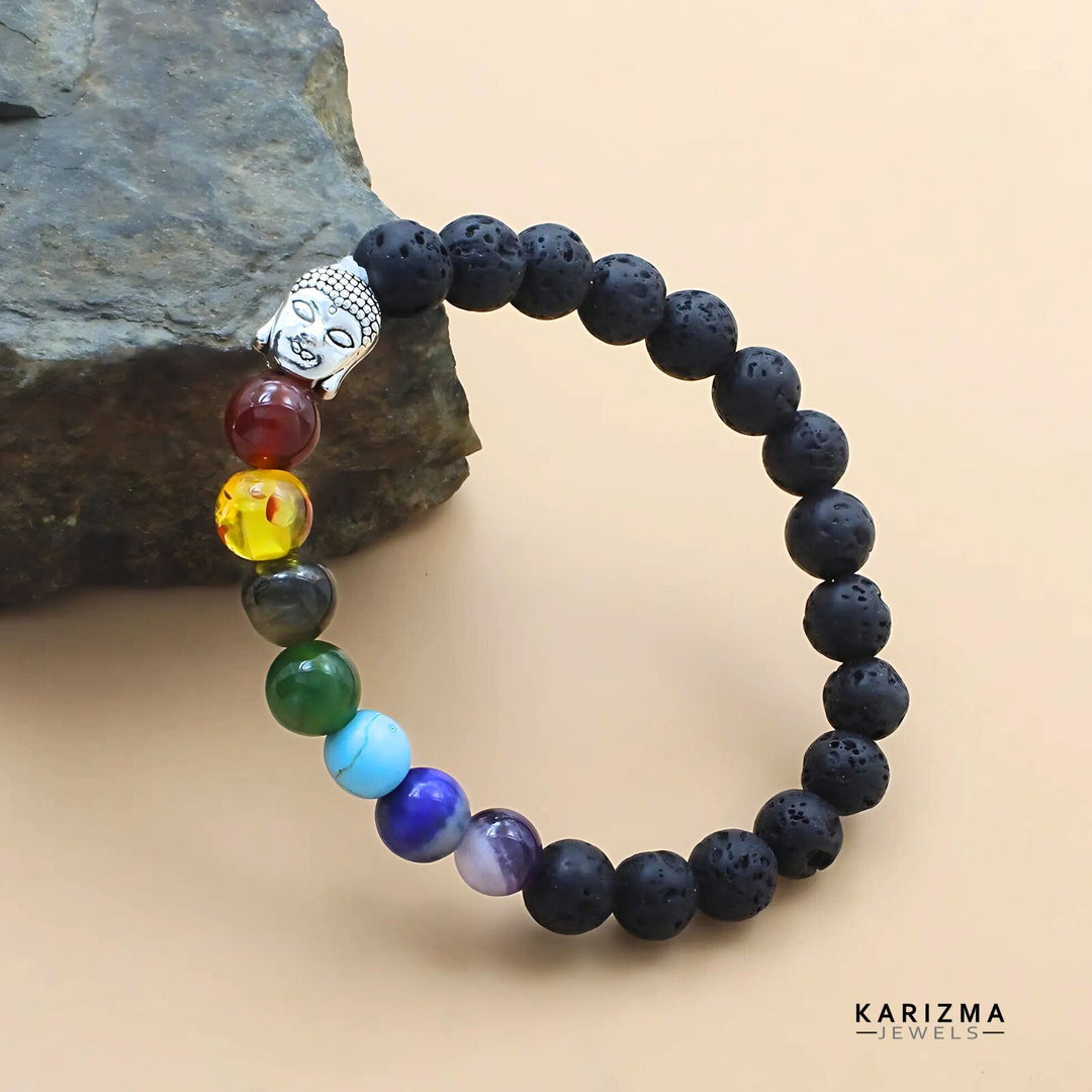 7 Chakras Lava Rock Beads Black Stones Reiki Healing Buddha Bracelet for Men and Women