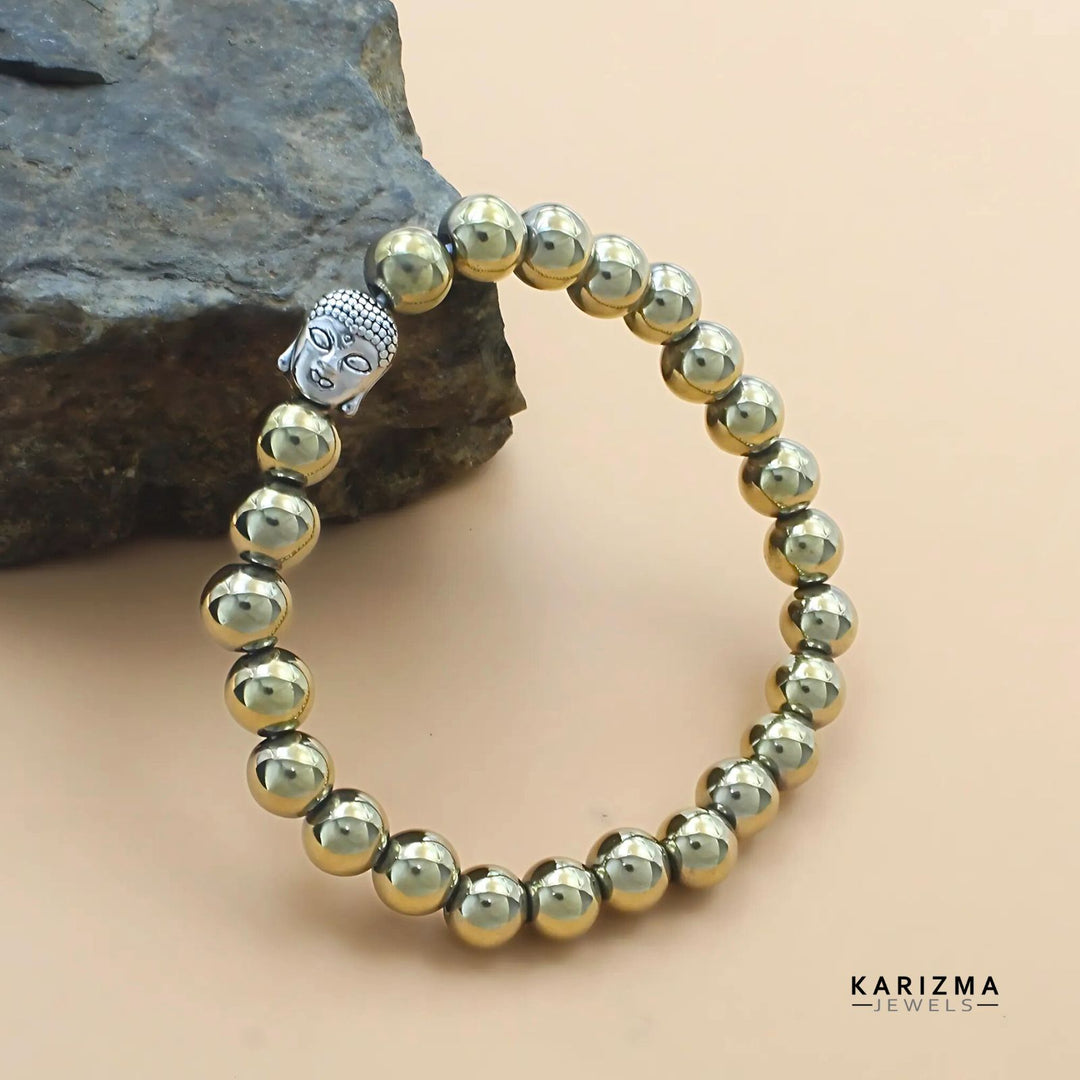 Natural Golden Pyrite Stones Reiki Healing Buddha face Bracelet for Men and Women