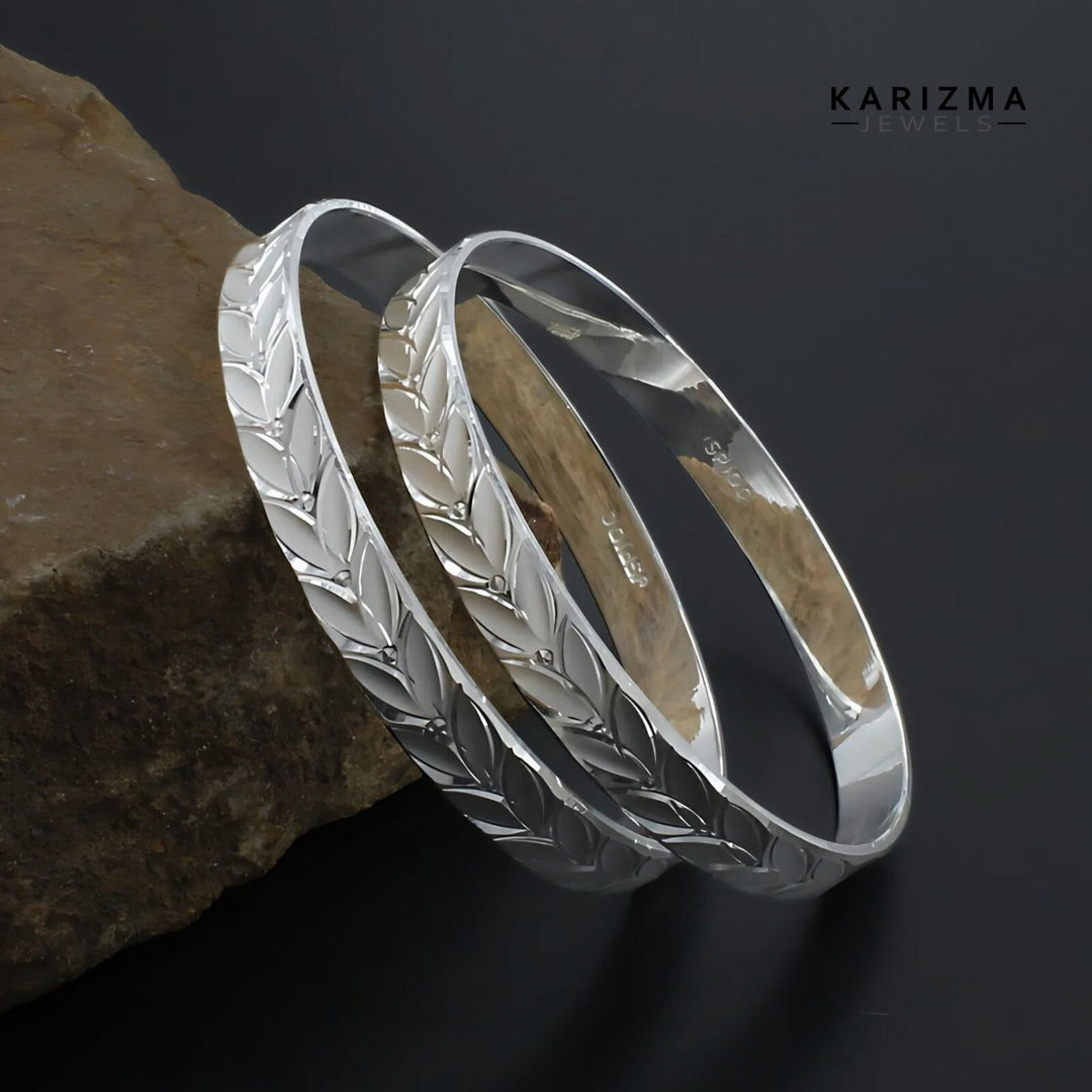 990 Real Sterling Silver Women Leaf design party wear Bangles Bracelet (Kangan) Pair CM