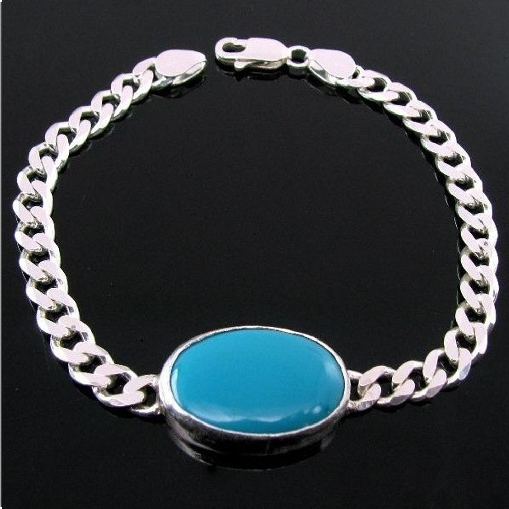 Solid Genuine .925 Sterling Silver Curb Link Chain Men's (LIGHT) Bracelet Turquoise