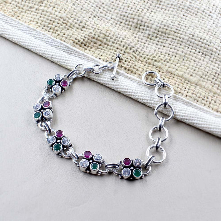 Real Sterling Silver Round Cut Stone Oxidized Bracelet Gift For Girls Women