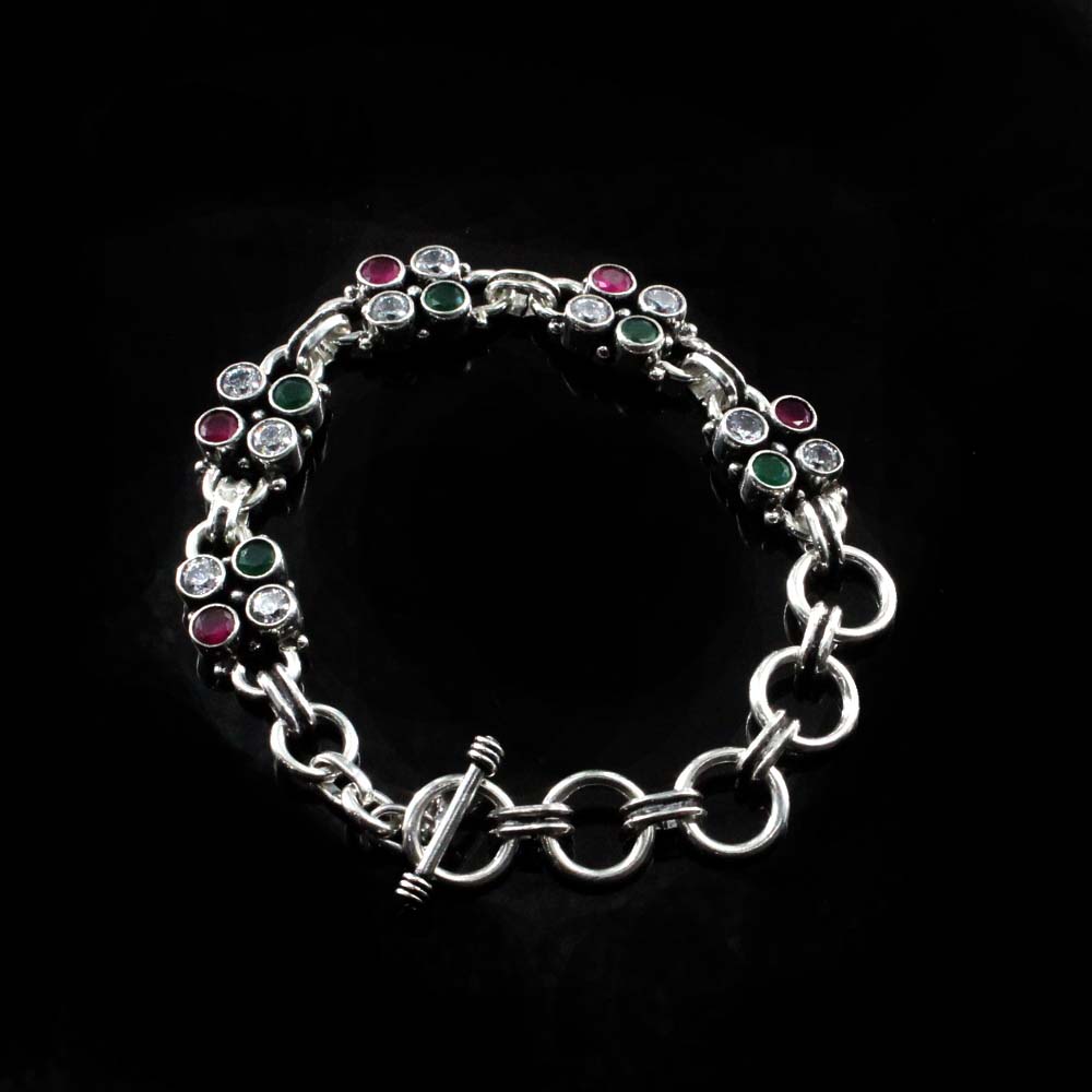 Real Sterling Silver Round Cut Stone Oxidized Bracelet Gift For Girls Women