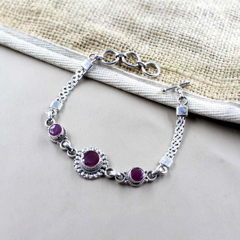 Real Sterling Silver Round Cut Stone Oxidized Bracelet Gift For Girls Women