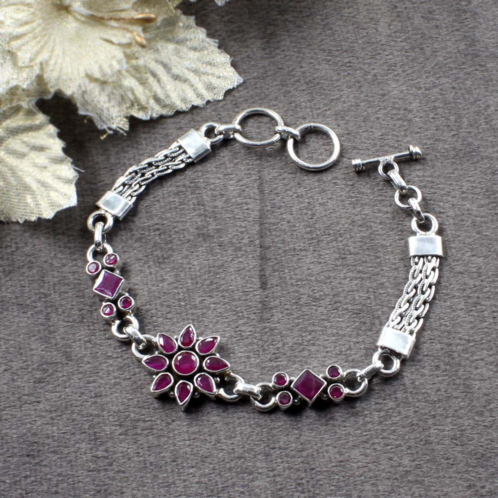 Ethnic Style Real Silver Cut Stone Oxidized Bracelet Gift For Girls Women