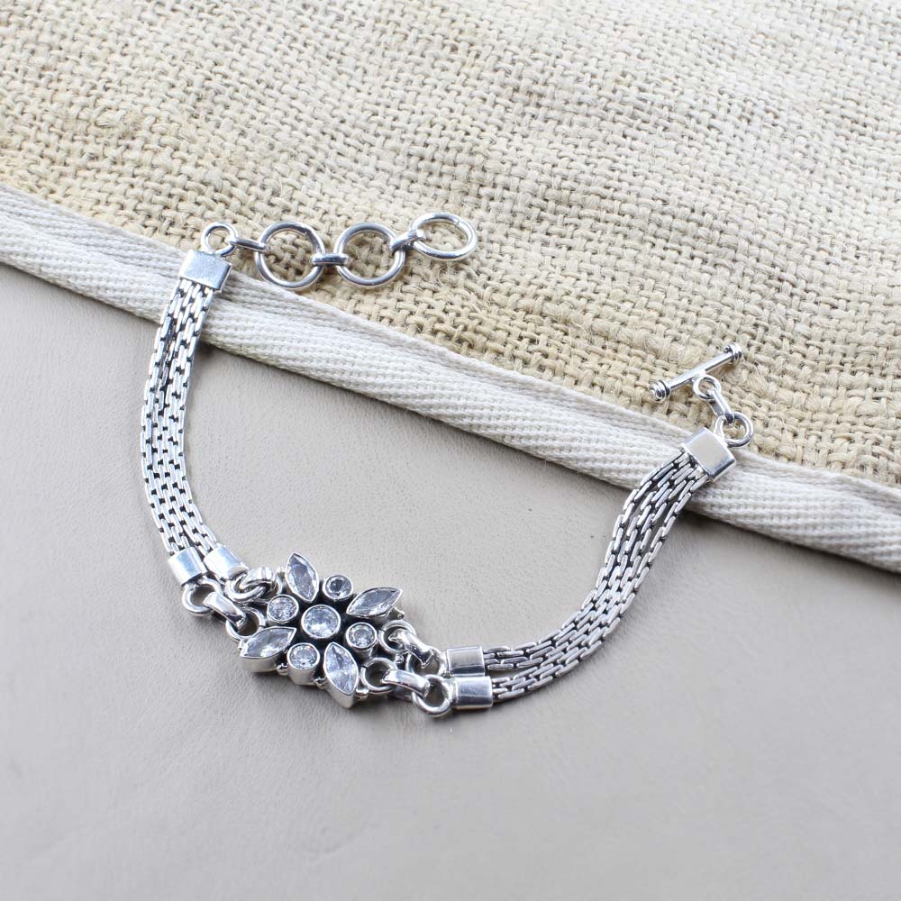 Traditional Real Silver White CZ Oxidized Bracelet Gift For Girls Women
