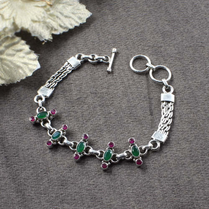 Boho Style Real  Sterling Silver Cut Stone Oxidized Bracelet Gift For Girls Women