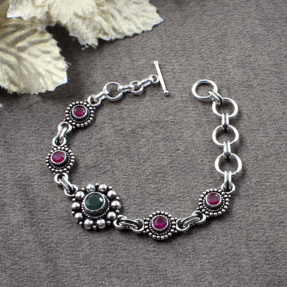 Beach Wear Real Sterling Silver Cut Stone Oxidized Bracelet Gift For Girls Women